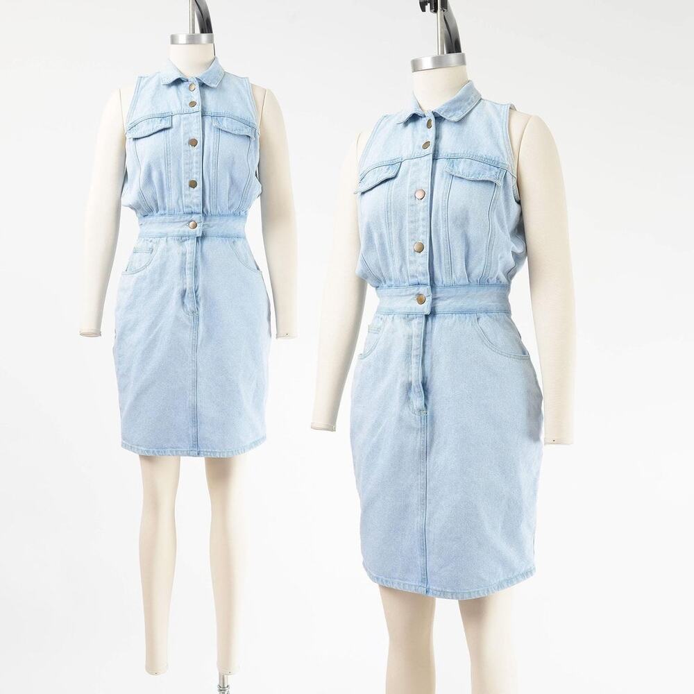 Vintage 90s Light Wash Denim High Waisted Sleeveless Pencil Skirt Jean Dress S